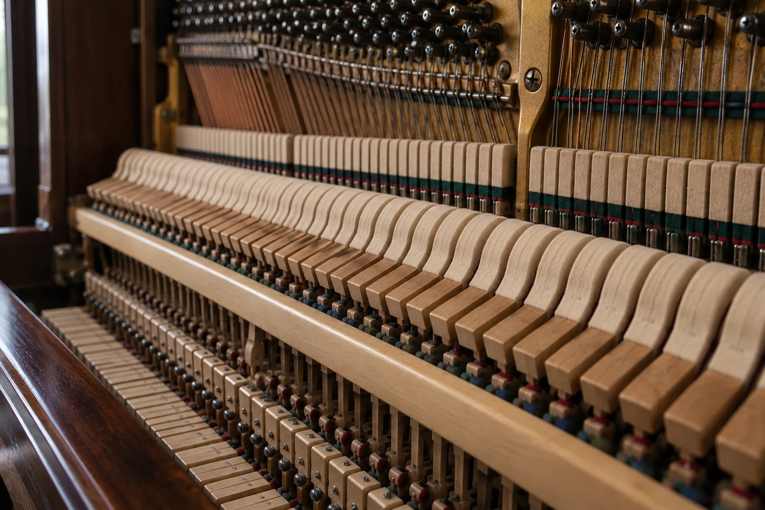 Close view of an upright piano action and hammer mechanism