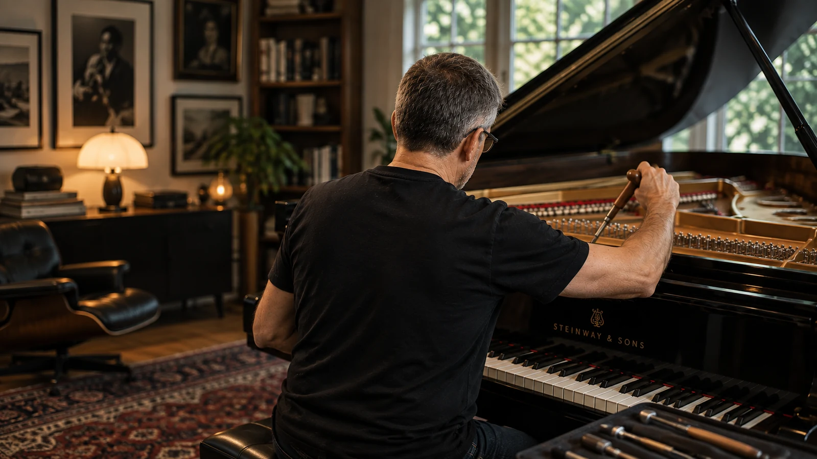 Piano technician tuning a grand piano
